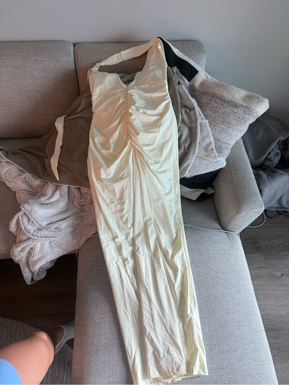 Peppermayo Cream One-Shoulder Ruched Bodycon Dress